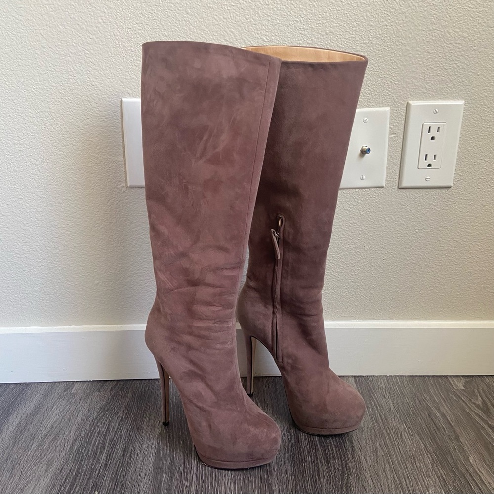 Giuseppe Zanotti Mauve Taupe Eva 105 Knee High Suede Leather Boots with Box